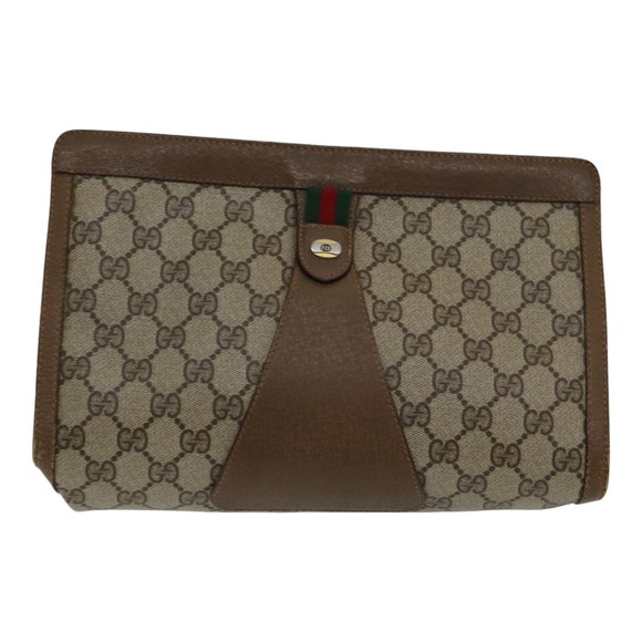 GUCCI GG Supreme Web Sherry Line Clutch Bag PVC Leather Beige Red Auth 84566 - Picture 13 of 16